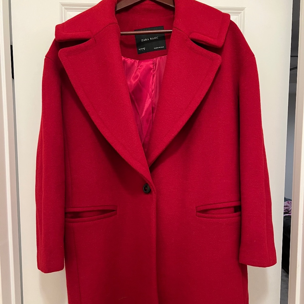 Zara Basic Long Red Peacoat, Size Large